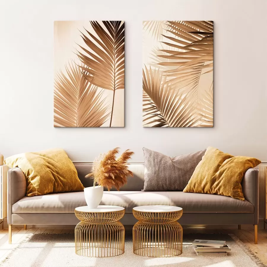 murales Hojas de palmera en tonos marrones, fondo neutro, estilo minimalista, iluminación natural, ambiente tropical m00880