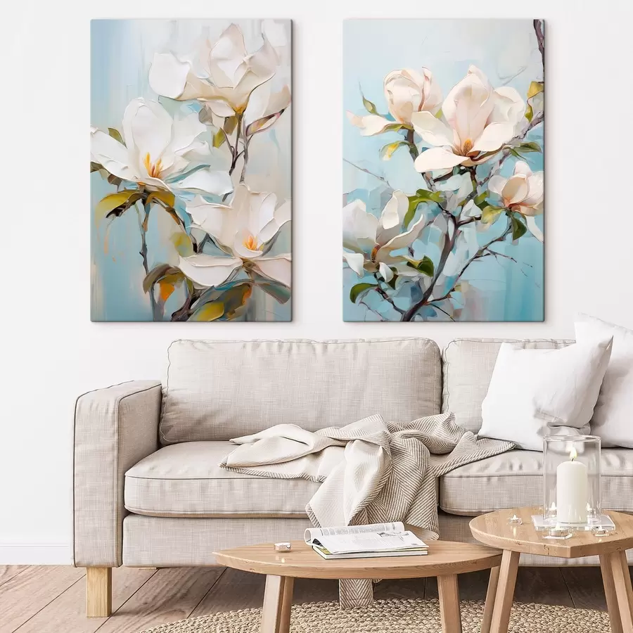 murales Flores blancas de magnolia, fondo azul claro con suaves pinceladas, estilo pintura al óleo, textura impasto m00881