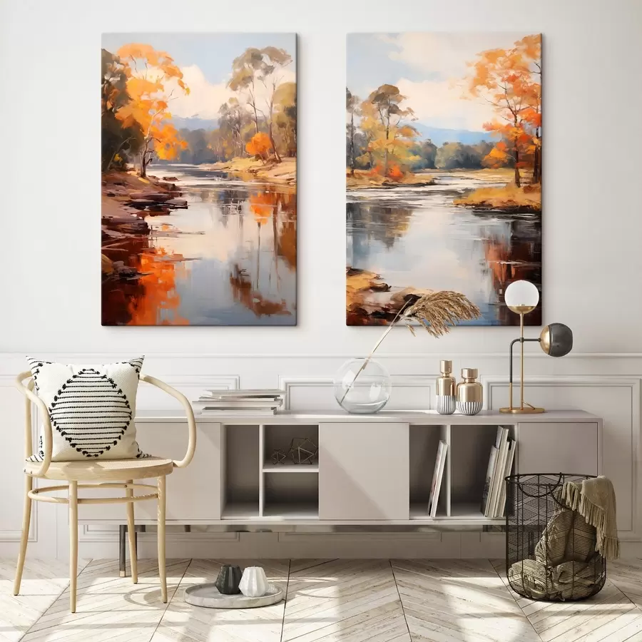 murales Paisaje otoñal, río con árboles en la orilla, bosque al fondo, reflejos en el agua m00883