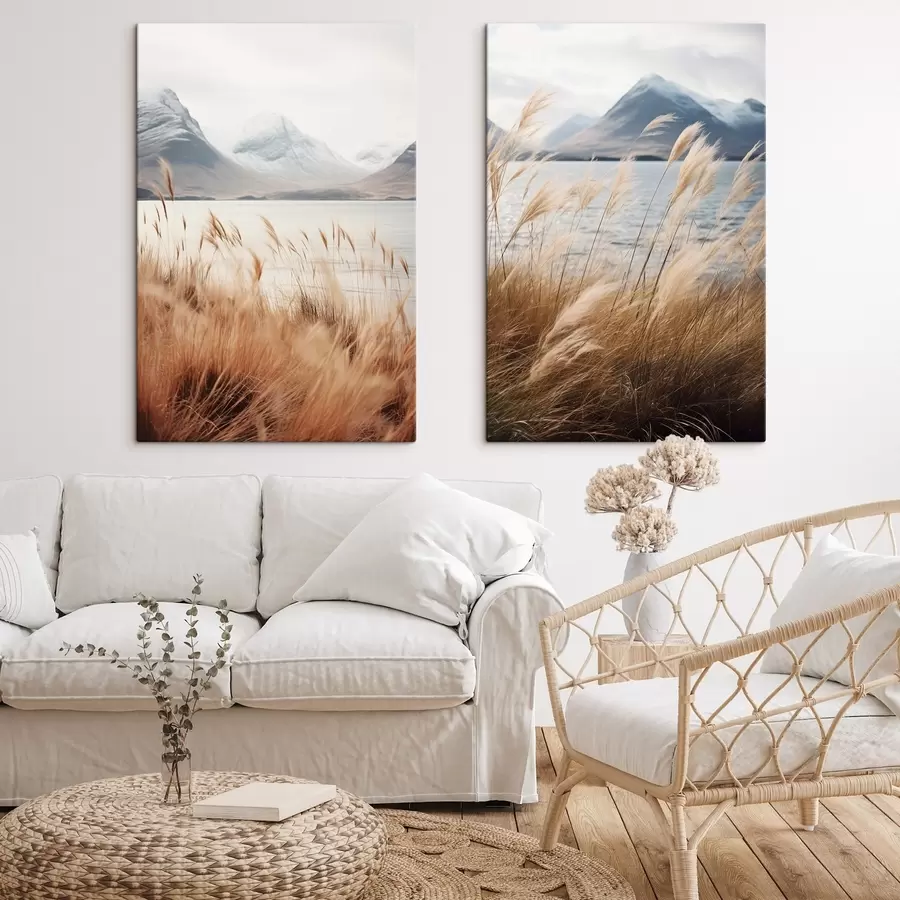 wall murals Pampas grass with a lake and mountains in the background, soft lighting, muted colors, naturalistic style m00884