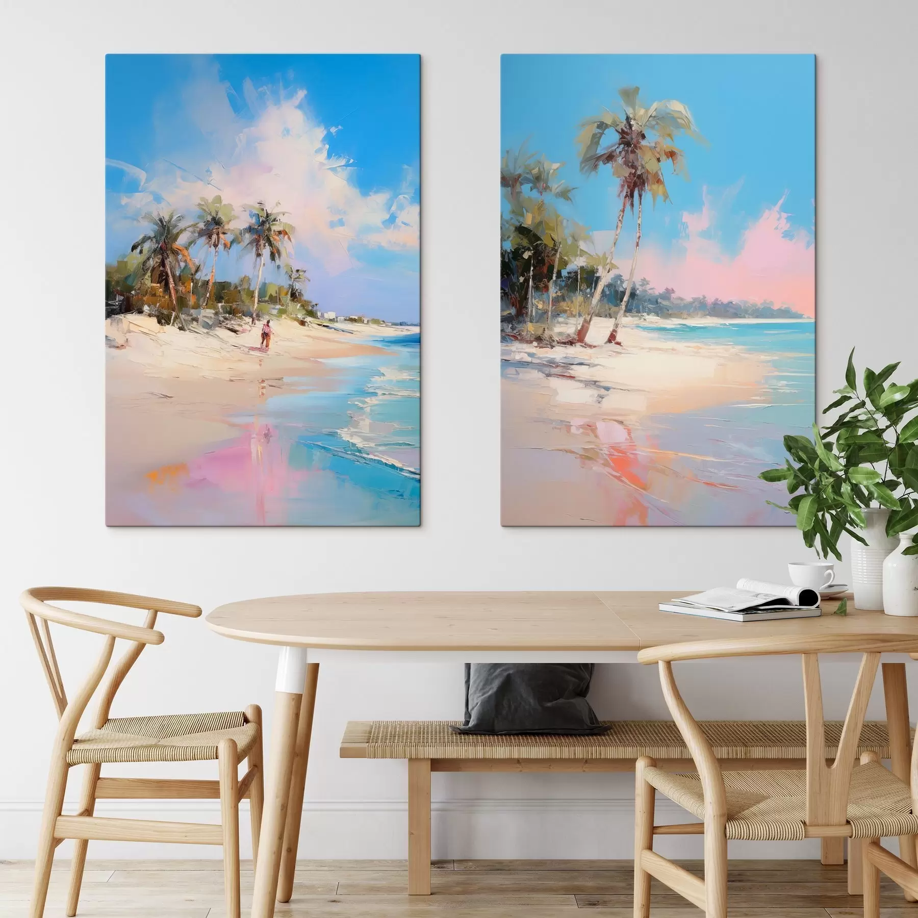 murales Paisaje abstracto, una playa con palmeras, un día soleado con un cielo azul y algunas nubes m00885