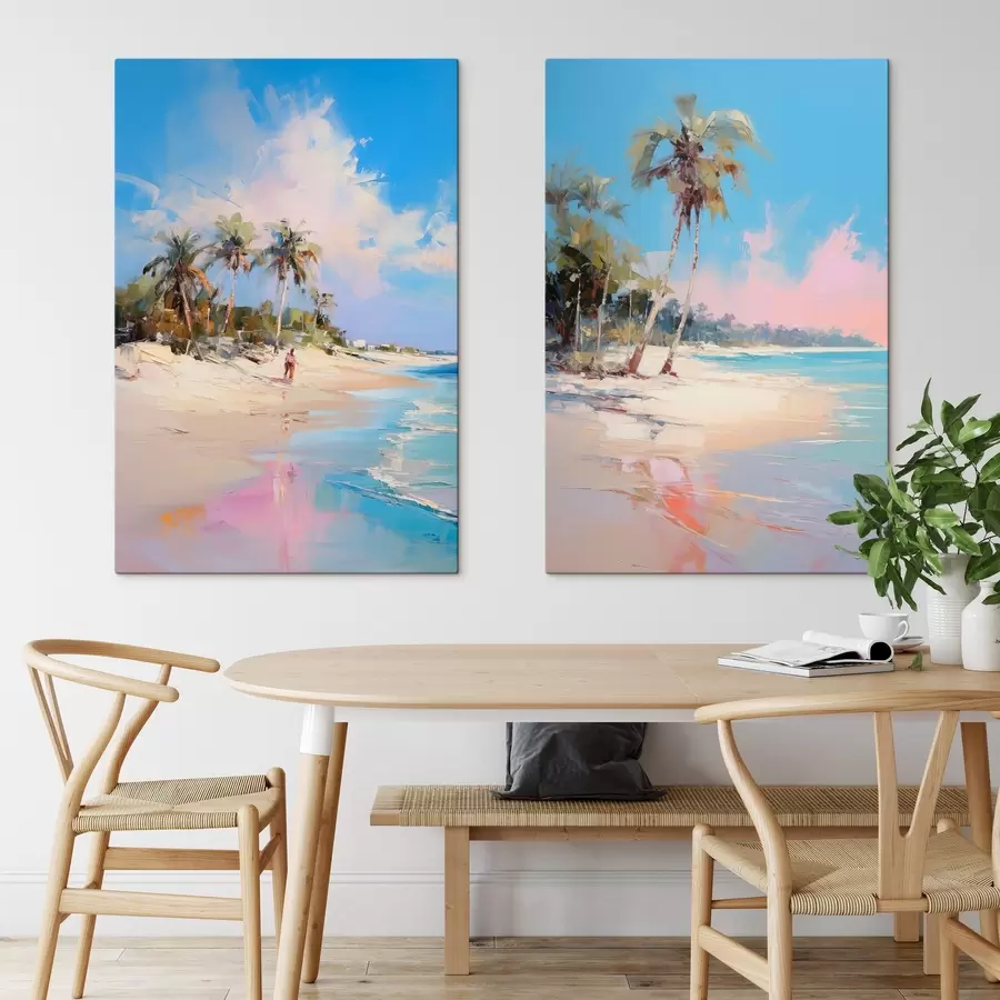 murales Paisaje abstracto, una playa con palmeras, un día soleado con un cielo azul y algunas nubes m00885