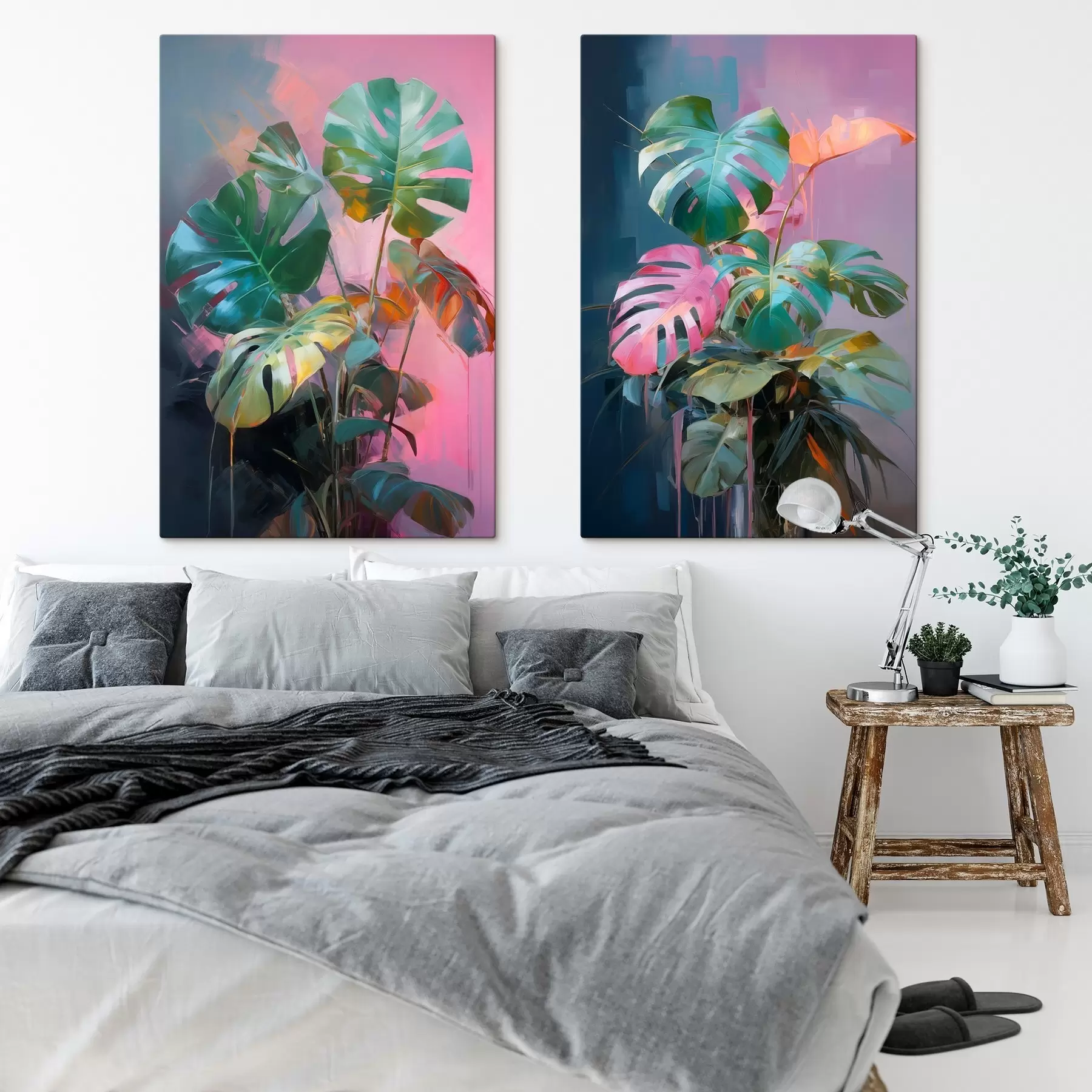 wall murals Abstract monstera plant with vibrant green leaves, against a backdrop of soft pink and purple hues m00886
