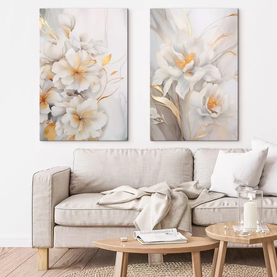 murales Flores blancas con detalles amarillos, pétalos con sombras sutiles, fondo claro con un sutil efecto marmolado m00889