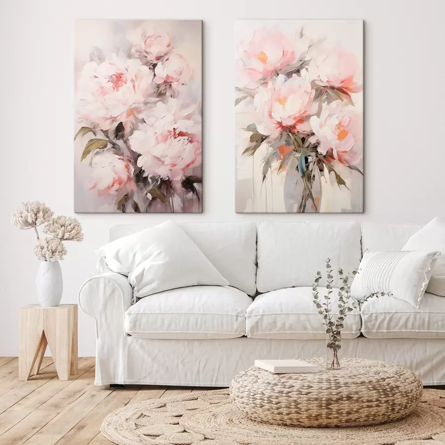wall murals A bouquet of light pink peonies with green leaves, soft brushstrokes, pastel colors, on a light background m00890