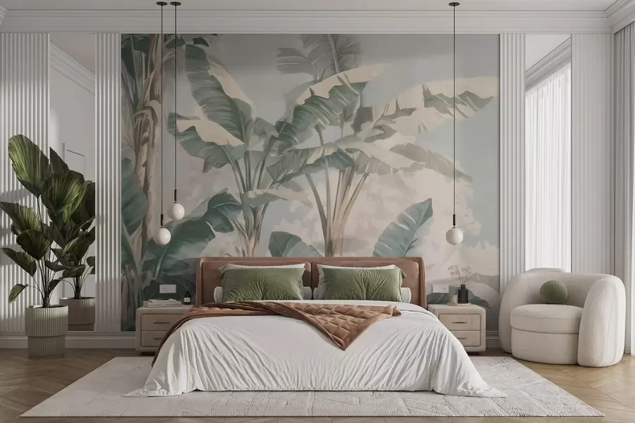 Wall Mural Photo Wallpaper Tropical banana leaves in soft pastel tones w09311