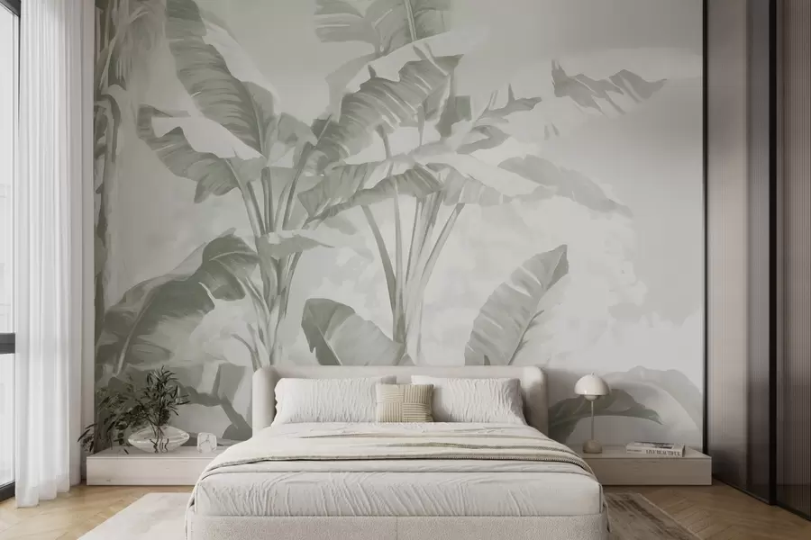 murales Hojas de plátano tropical en suaves tonos verdes w09311v1