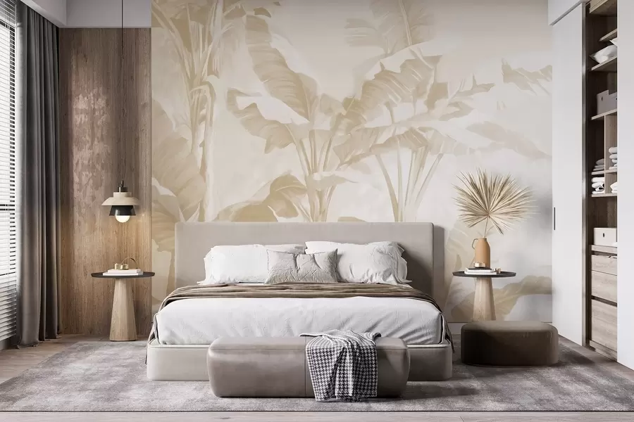 murales Hojas de plátano tropical en suaves tonos beige w09311v2