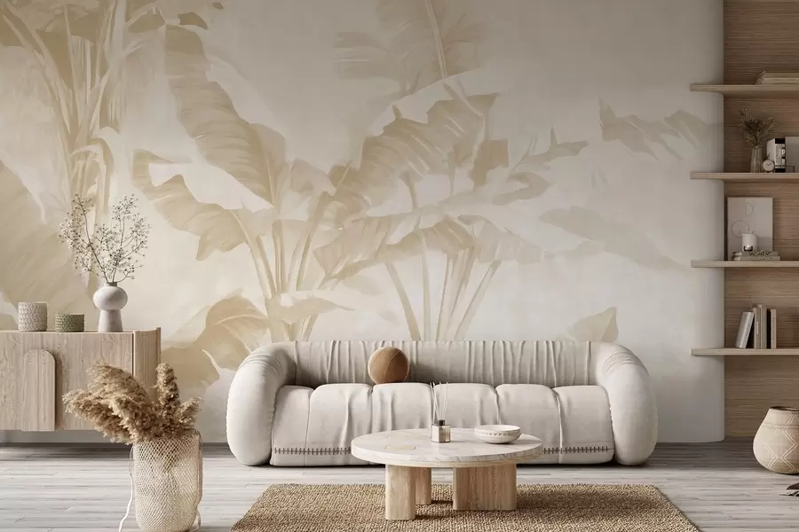 murales Hojas de plátano tropical en suaves tonos beige w09311v2