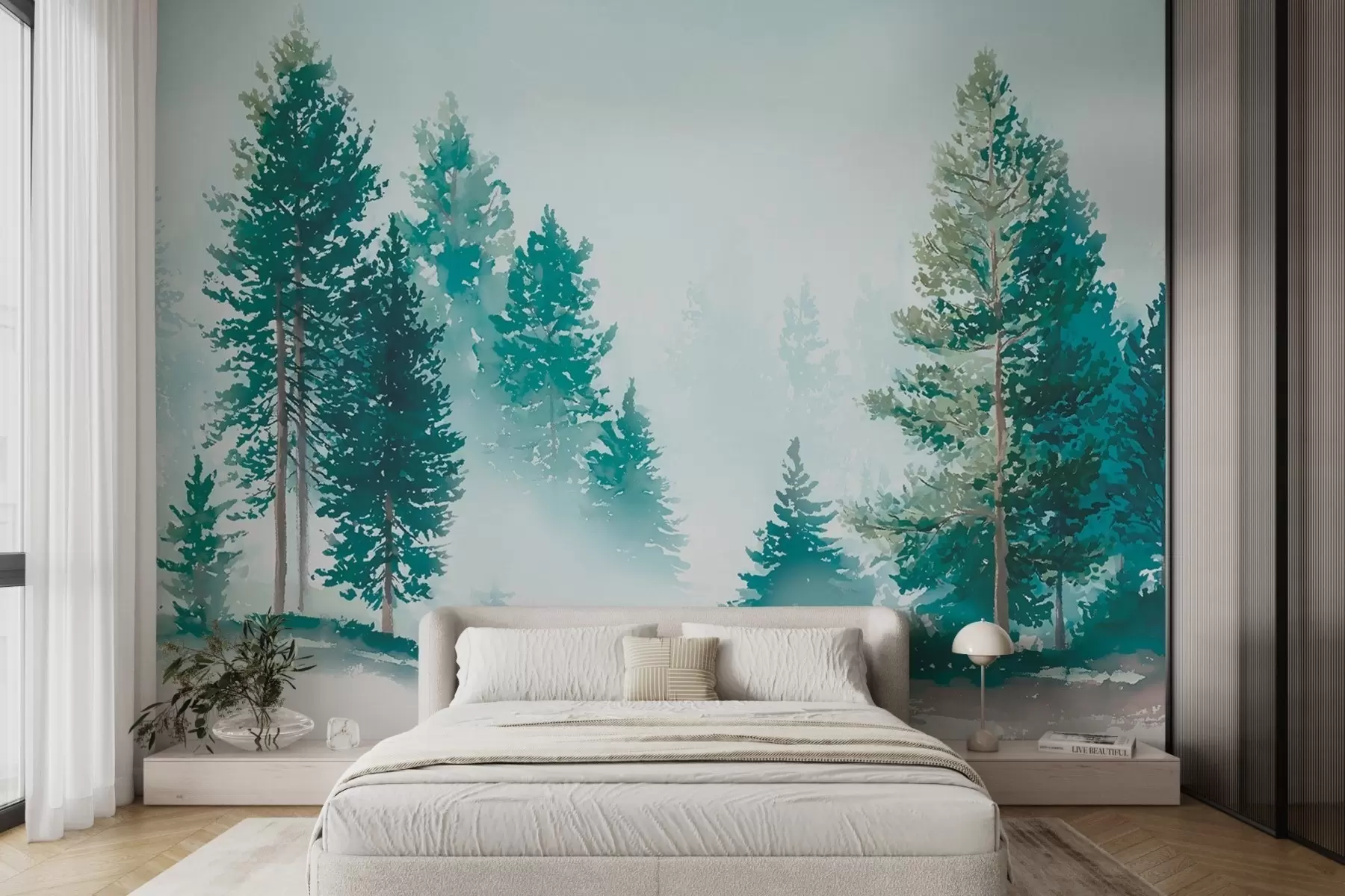 murales Bosque de pinos brumoso en estilo acuarela w09444