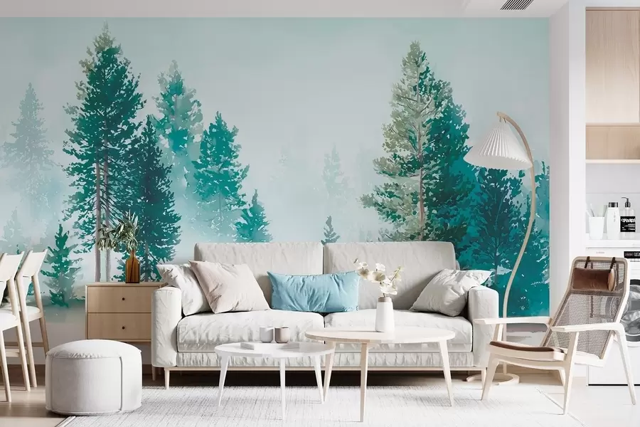 wall murals Misty pine forest in watercolor style w09444