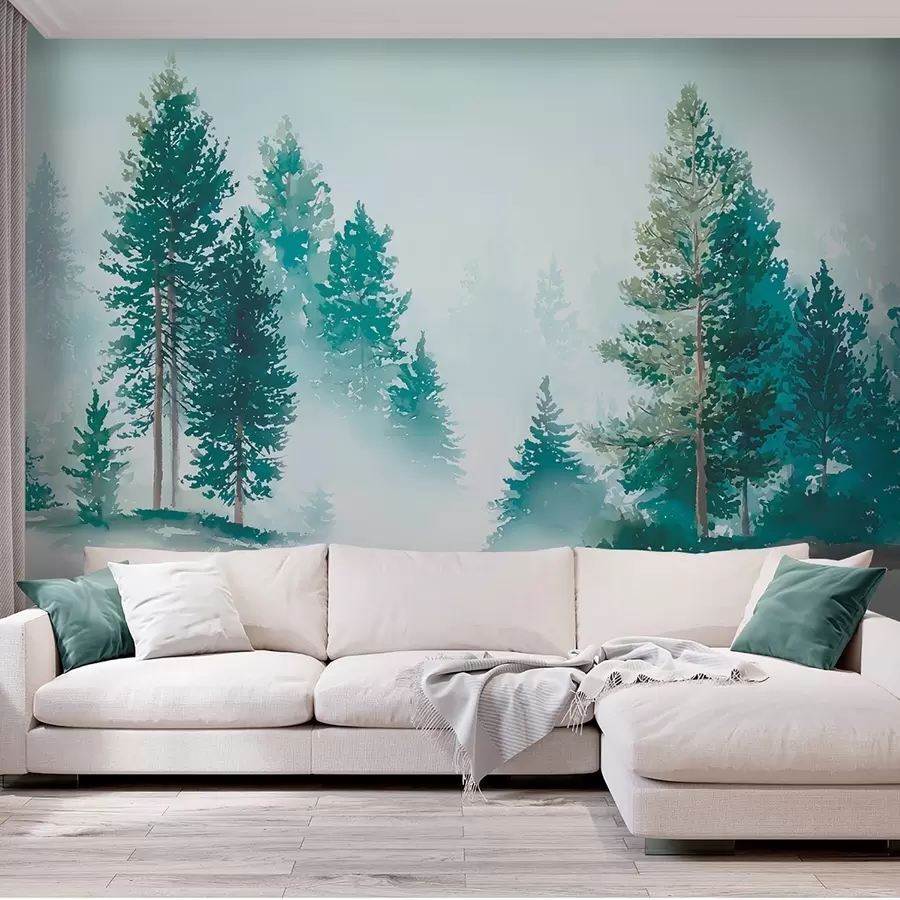 Wall Mural Photo Wallpaper Misty pine forest in watercolor style w09444