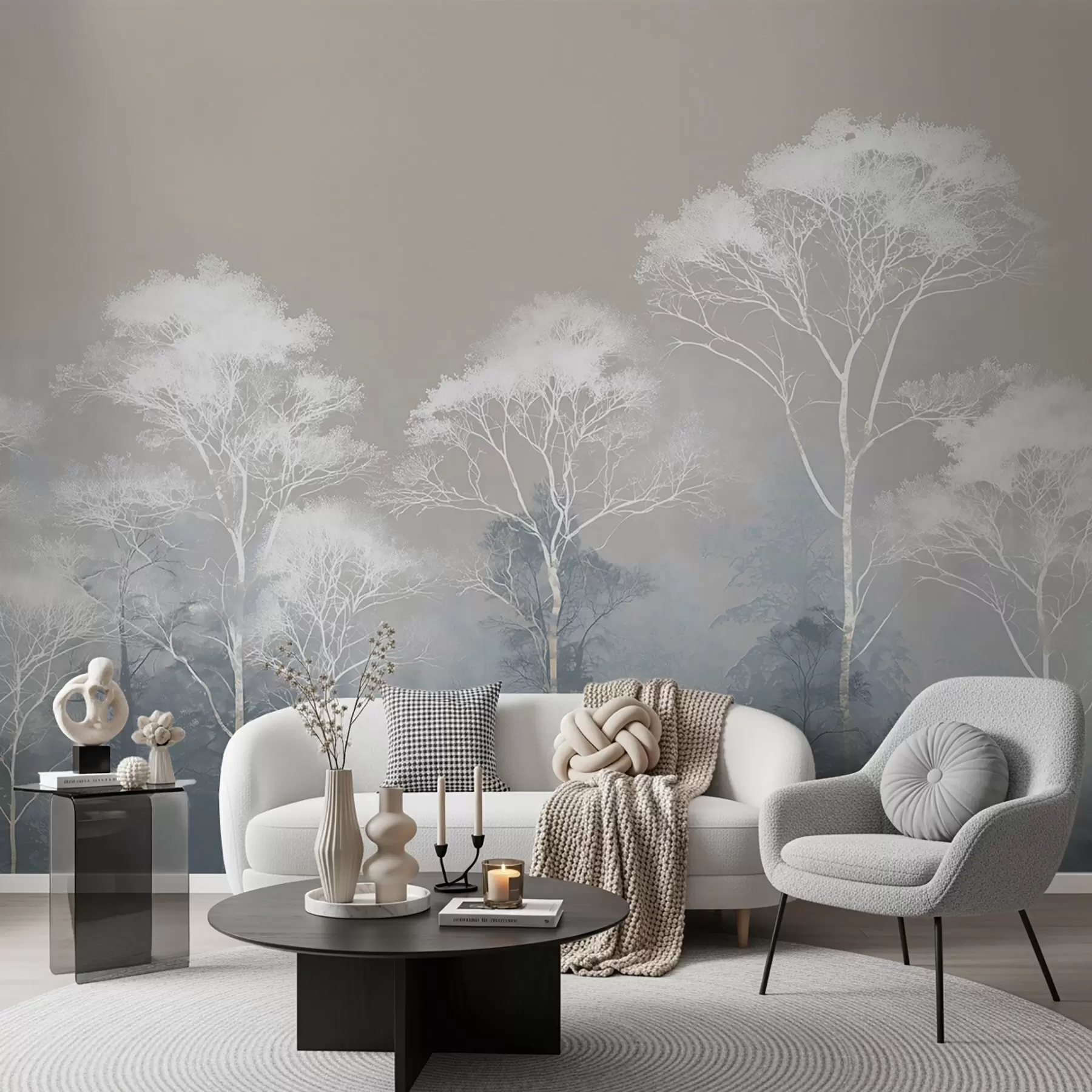 Wall Mural Photo Wallpaper Minimalist trees in blue-gray palette, in fog w09448