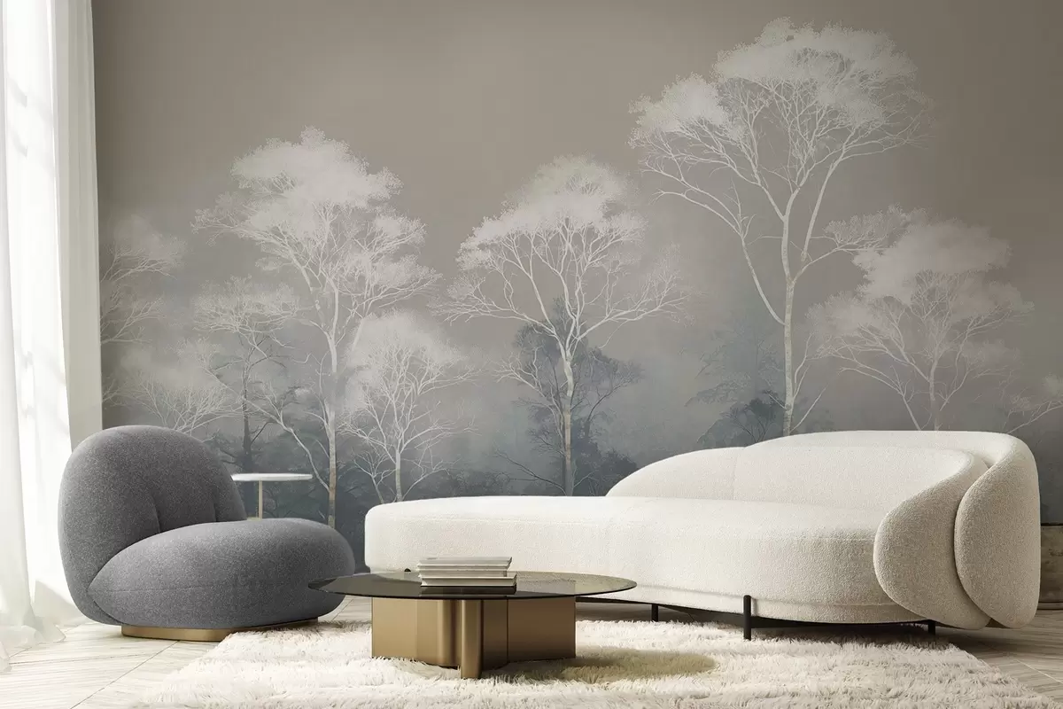 wall murals Minimalist trees in blue-gray palette, in fog w09448