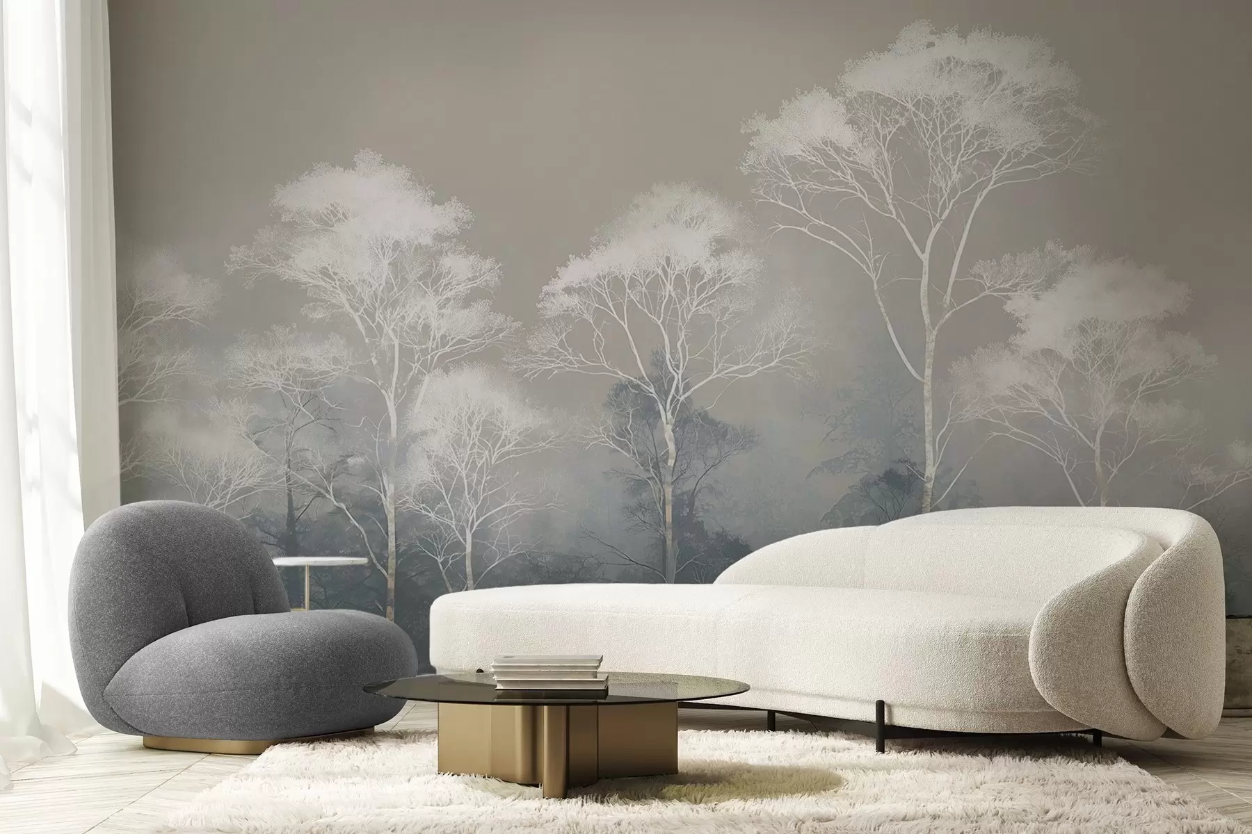 peintures murales Arbres minimalistes dans une palette bleu-gris, dans le brouillard w09448