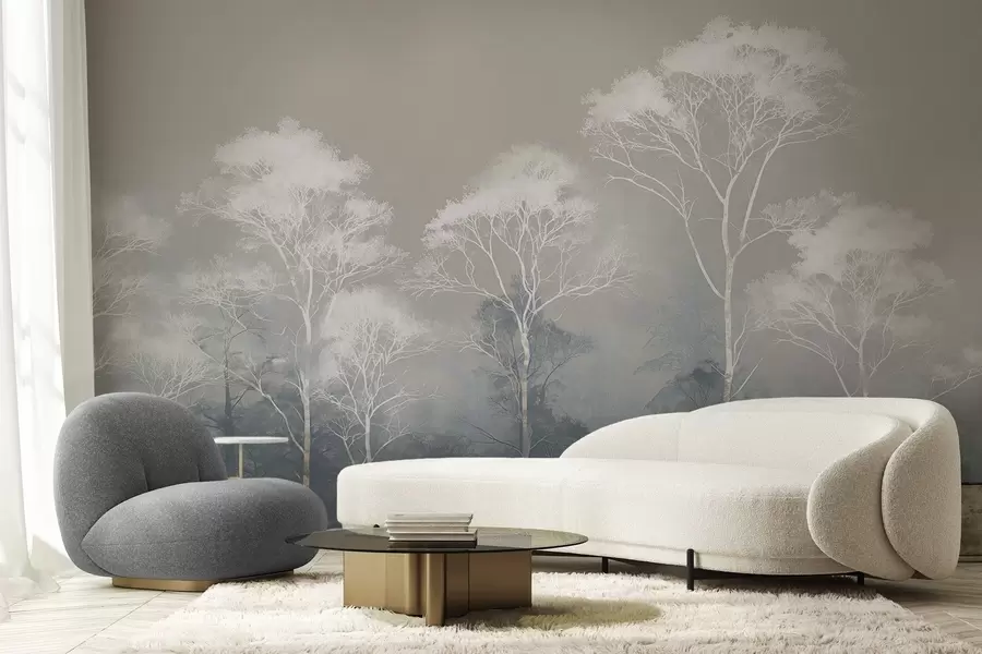 murales Árboles minimalistas en tonos azul grisáceos, en la niebla w09448