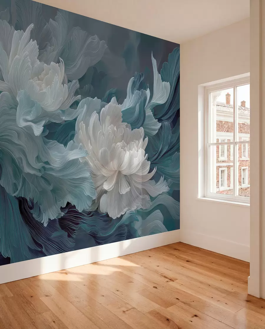 peintures murales Fleurs abstraites dans des tons bleus et turquoise w09452