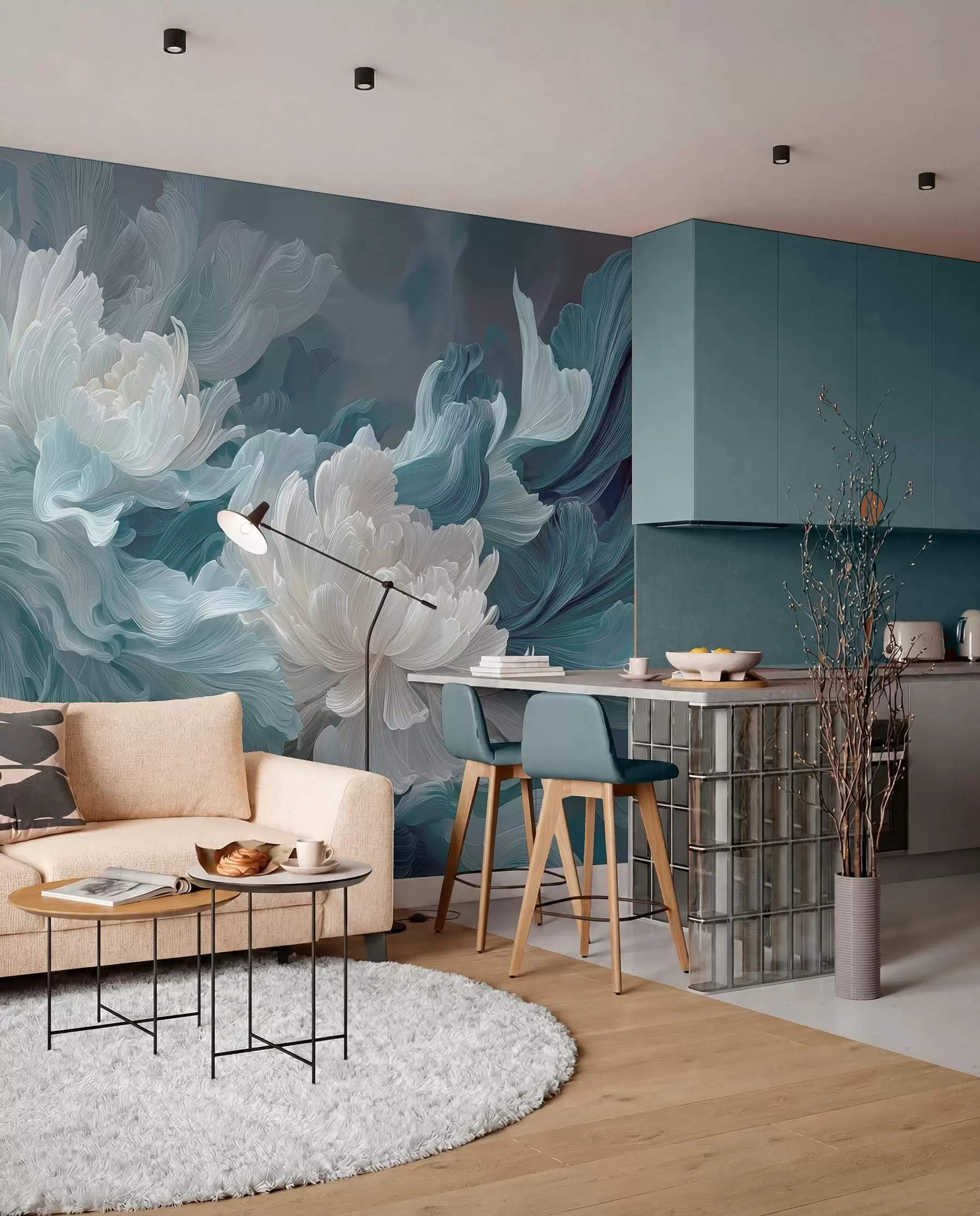 peintures murales Fleurs abstraites dans des tons bleus et turquoise w09452