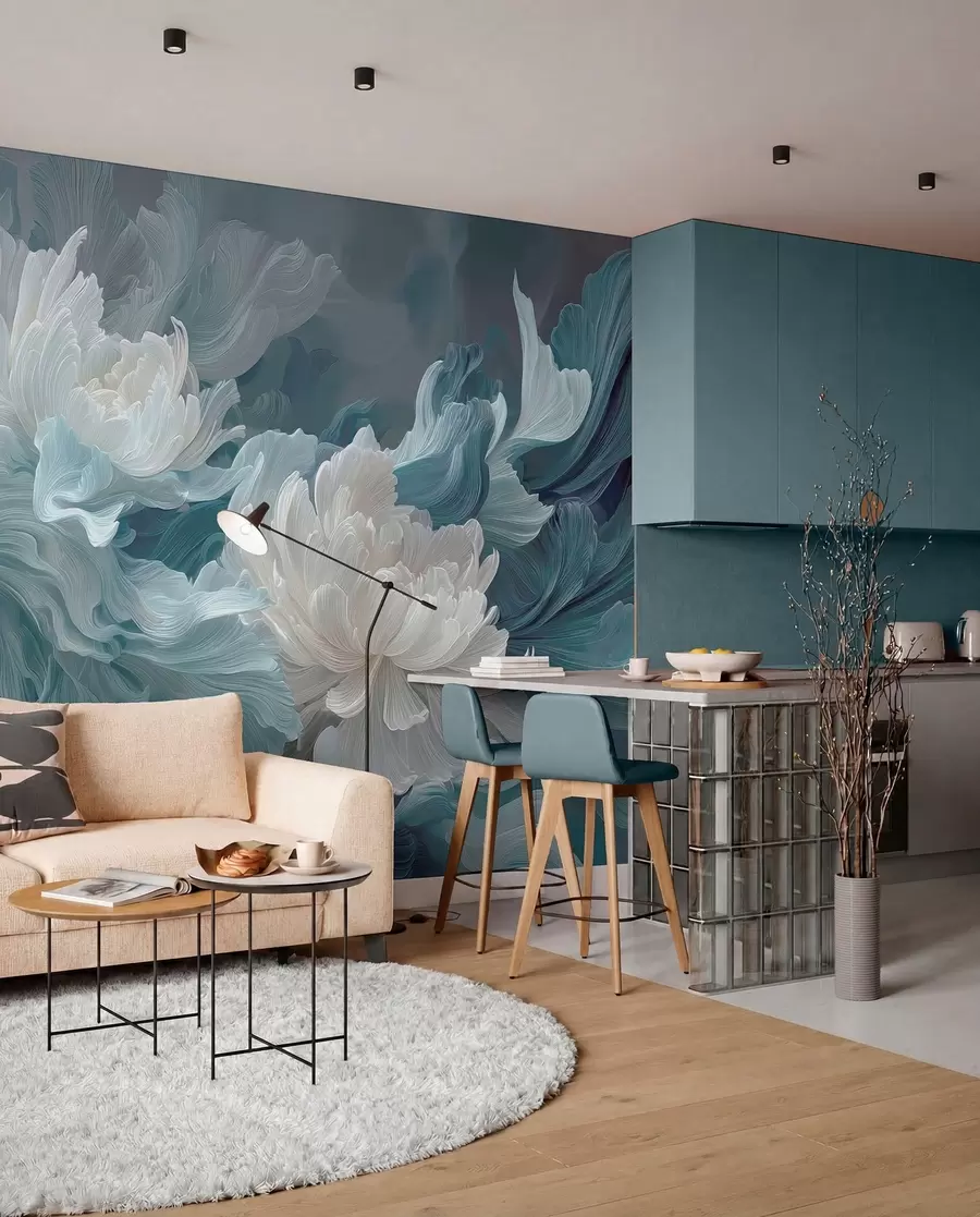 peintures murales Fleurs abstraites dans des tons bleus et turquoise w09452