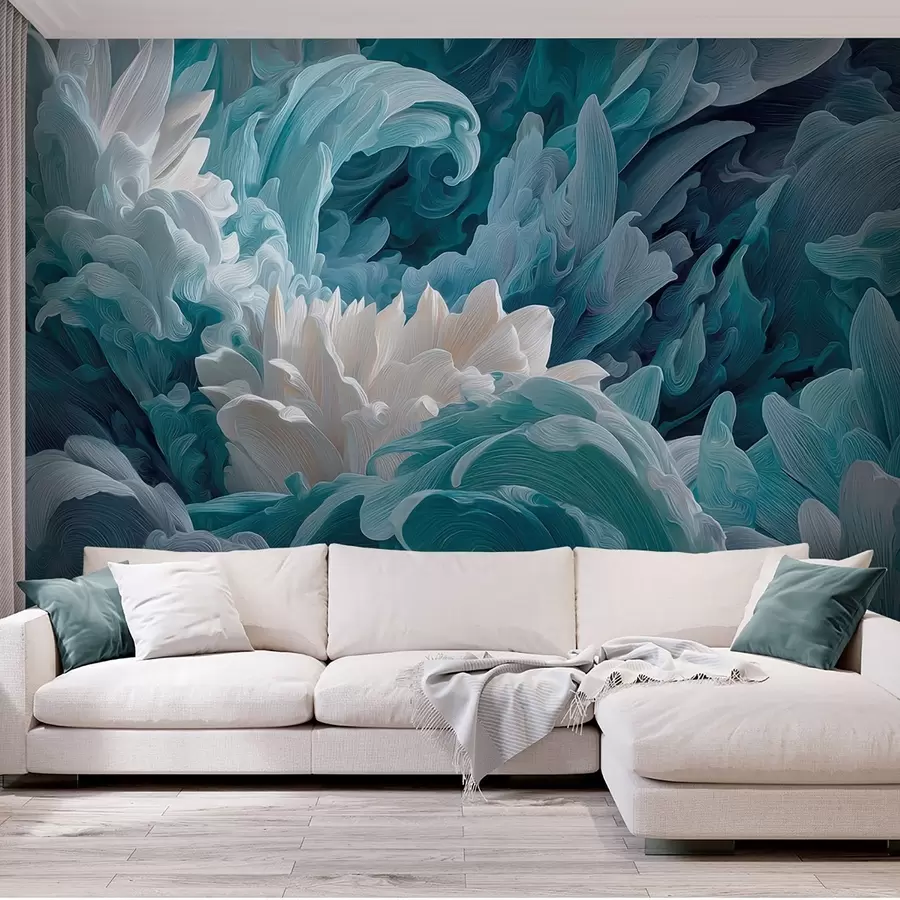 Wall Mural Photo Wallpaper Dance of petals and ocean waves in blue hues w09454