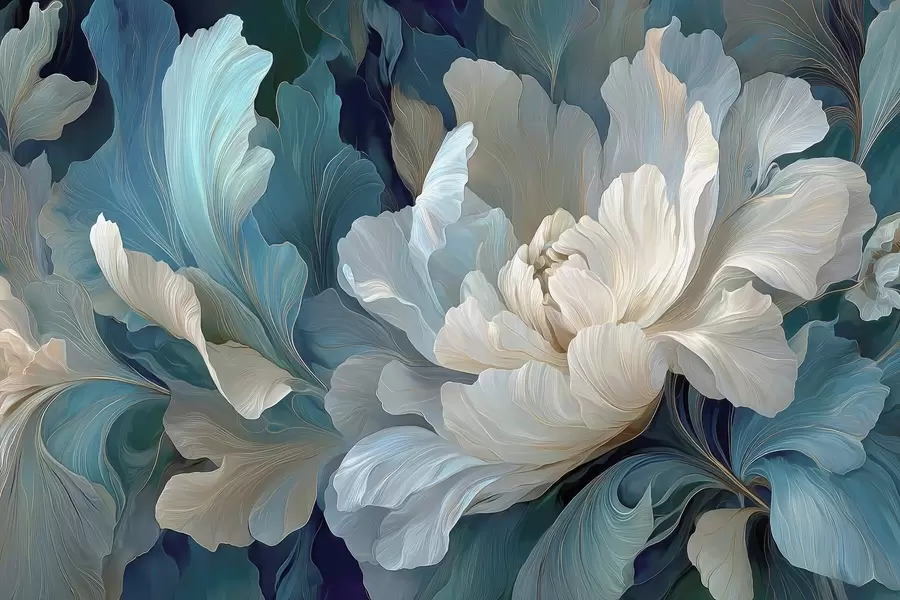 peintures murales Pivoine volumétrique délicate dans une palette de couleurs froides w09456