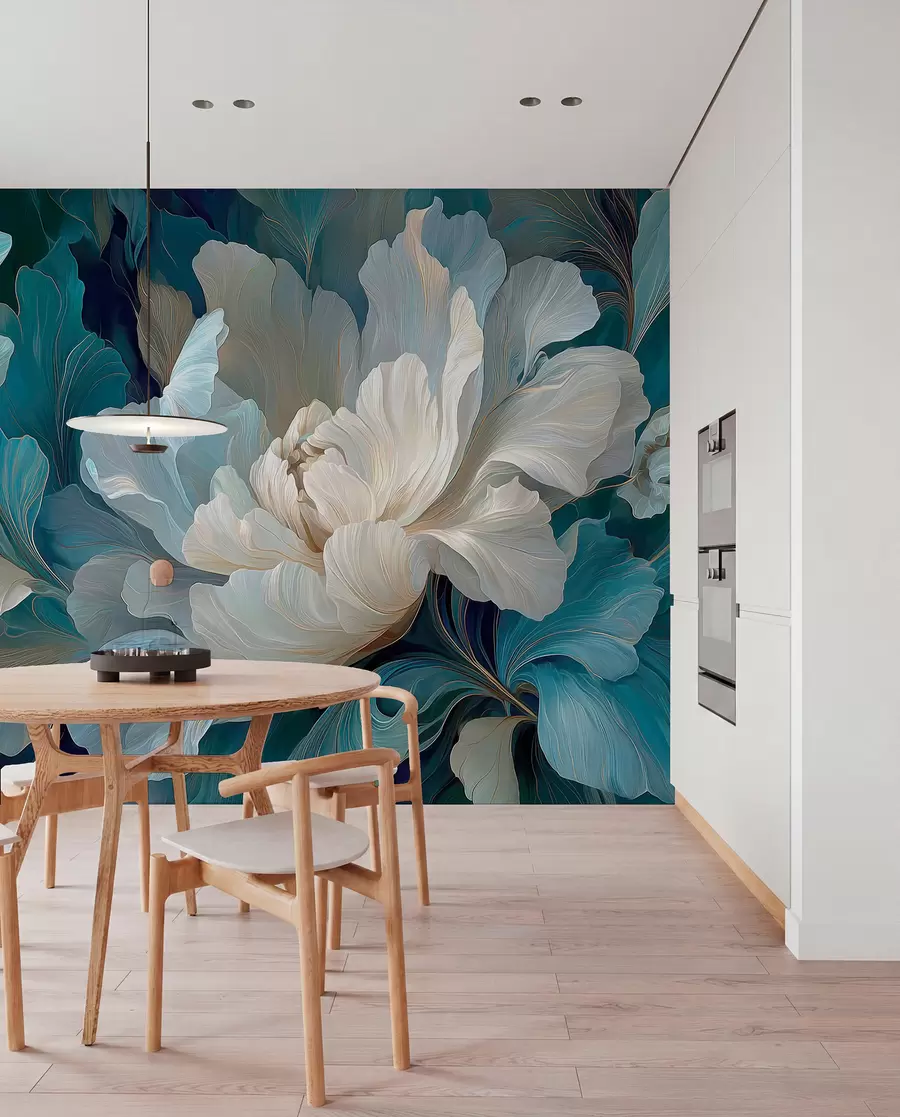 wall murals Delicate volumetric peony in a cool palette w09456