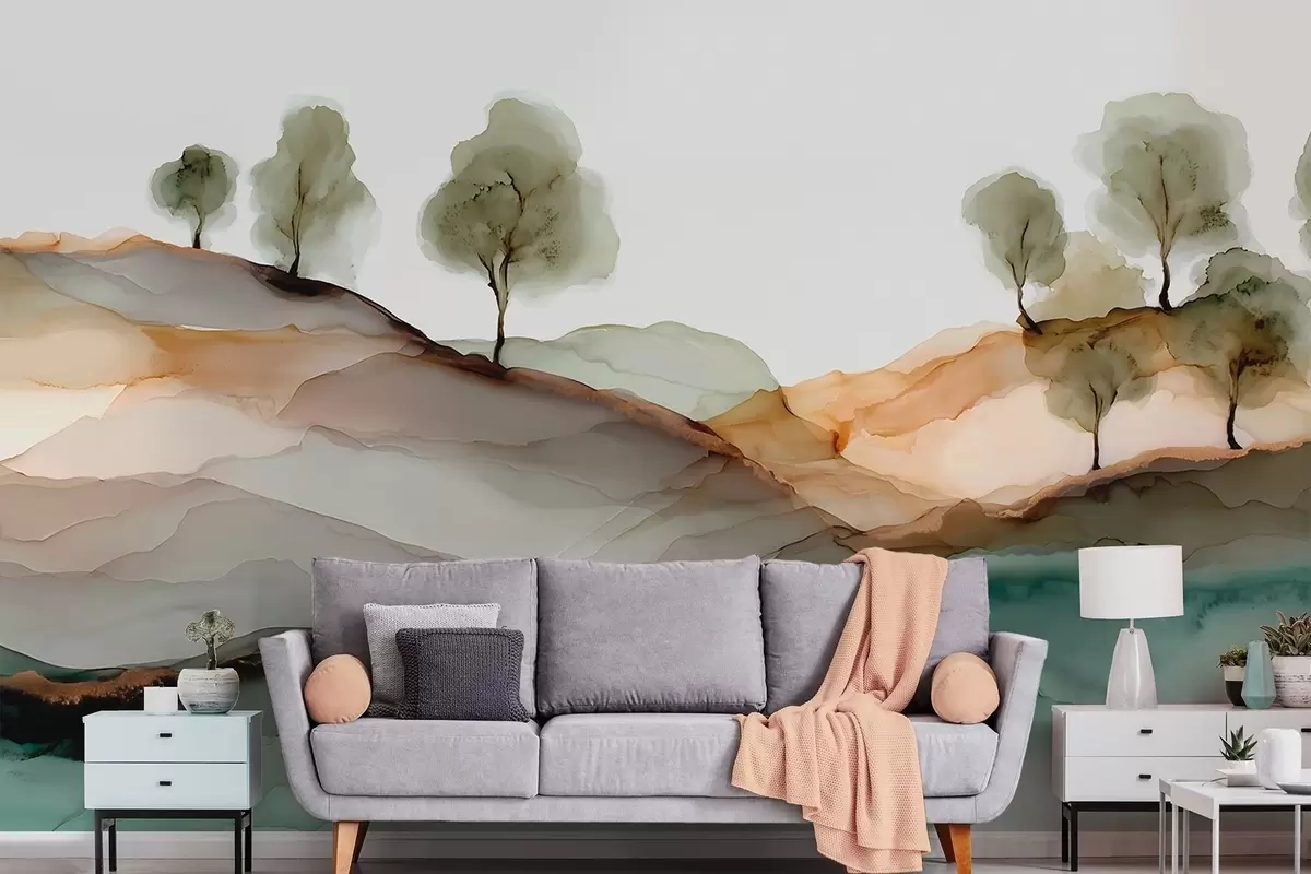 Wall Mural Photo Wallpaper Abstract landscape in alcohol ink style — hills and trees in pastel tones w09457