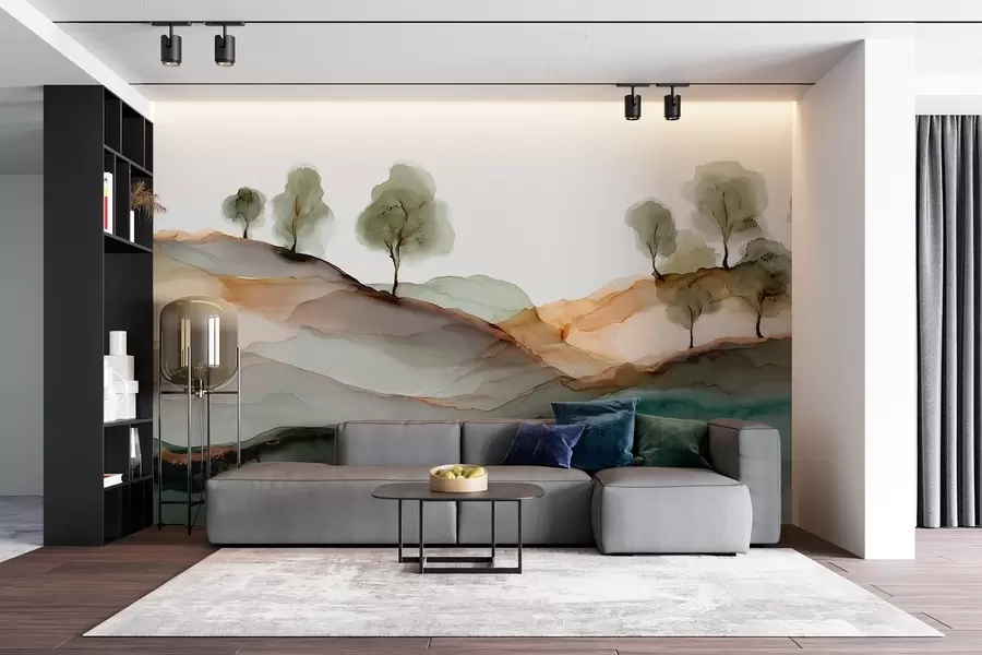 murales Paisaje abstracto en estilo tinta alcohólica: colinas y árboles en tonos pastel w09457