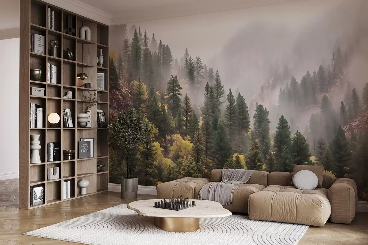 wall murals Atmospheric misty pine forest in the mountains w09463