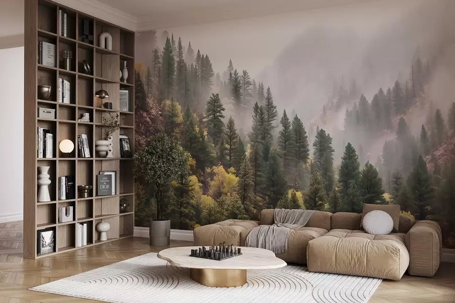 wall murals Atmospheric misty pine forest in the mountains w09463