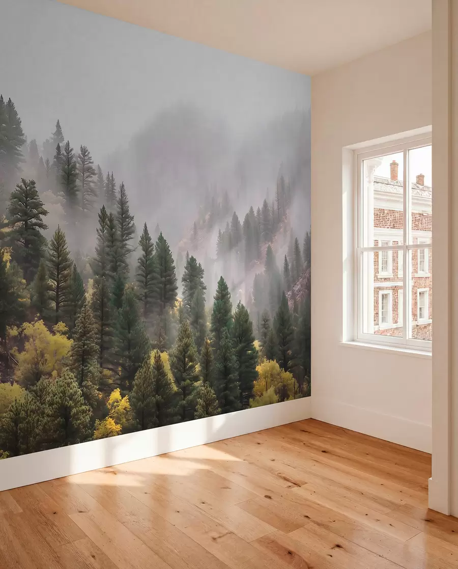 peintures murales Forêt de pins brumeuse et atmosphérique dans les montagnes w09463