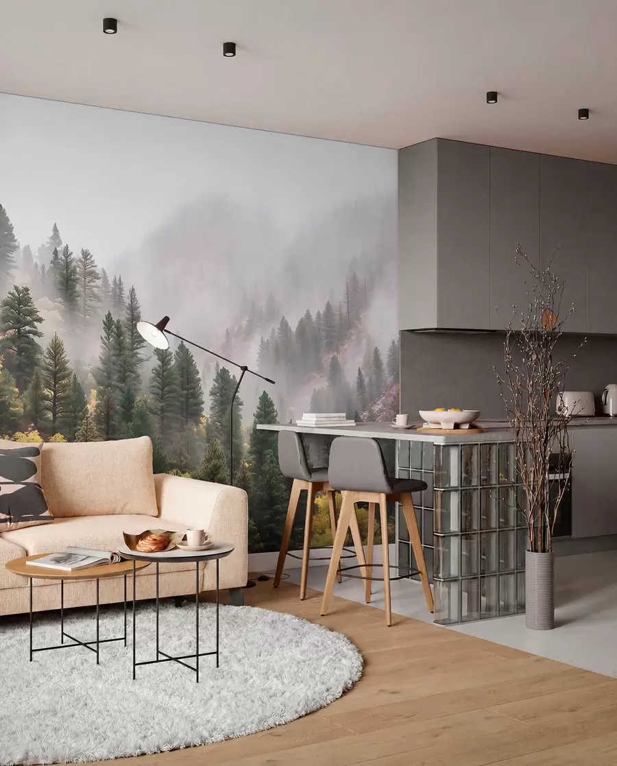 peintures murales Forêt de pins brumeuse et atmosphérique dans les montagnes w09463
