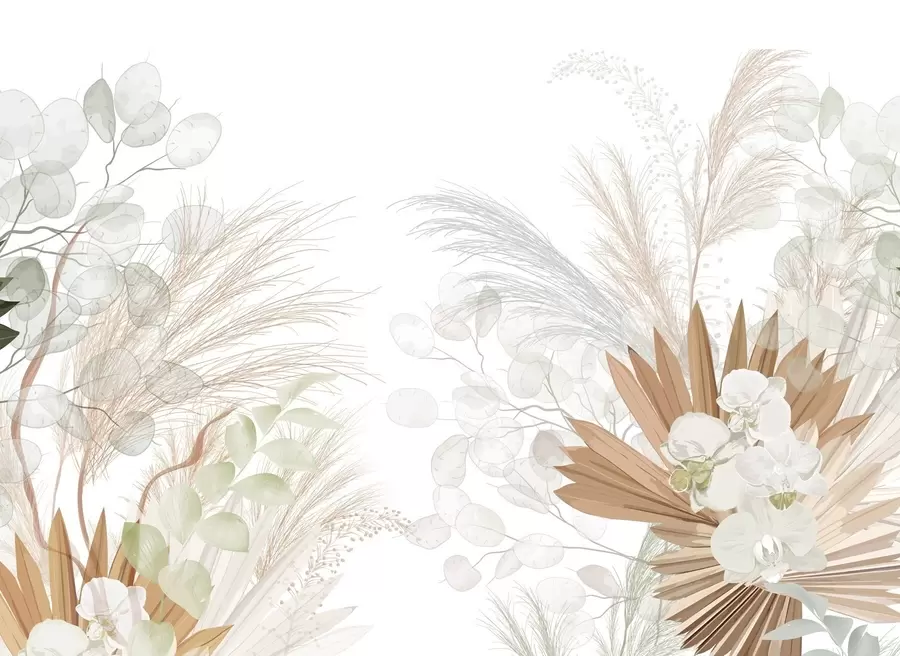 Wall Mural Photo Wallpaper Pampas grass, eucalyptus, tropical leaves and orchids in a white background, pastel colors w09366