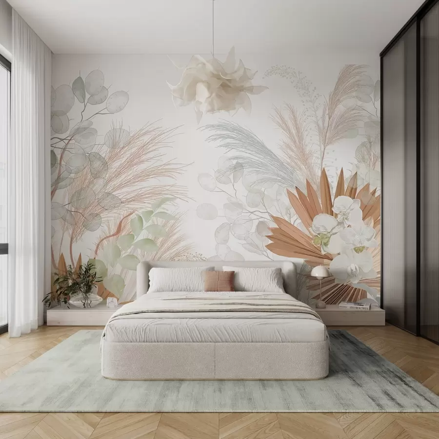 Wall Mural Photo Wallpaper Pampas grass, eucalyptus, tropical leaves and orchids in a white background, pastel colors w09366