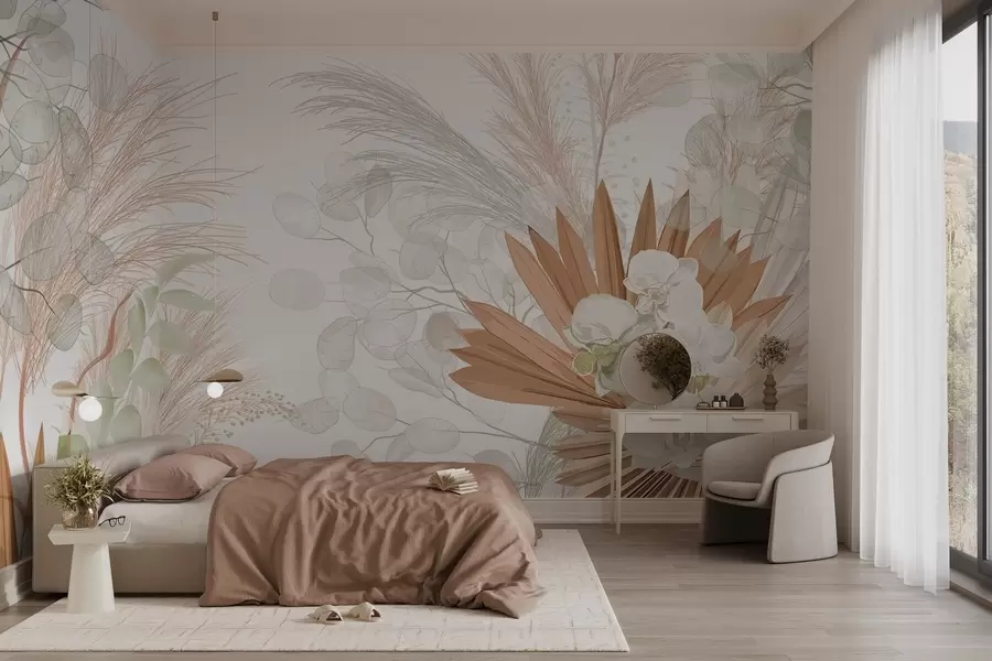 Wall Mural Photo Wallpaper Pampas grass, eucalyptus, tropical leaves and orchids in a white background, pastel colors w09366