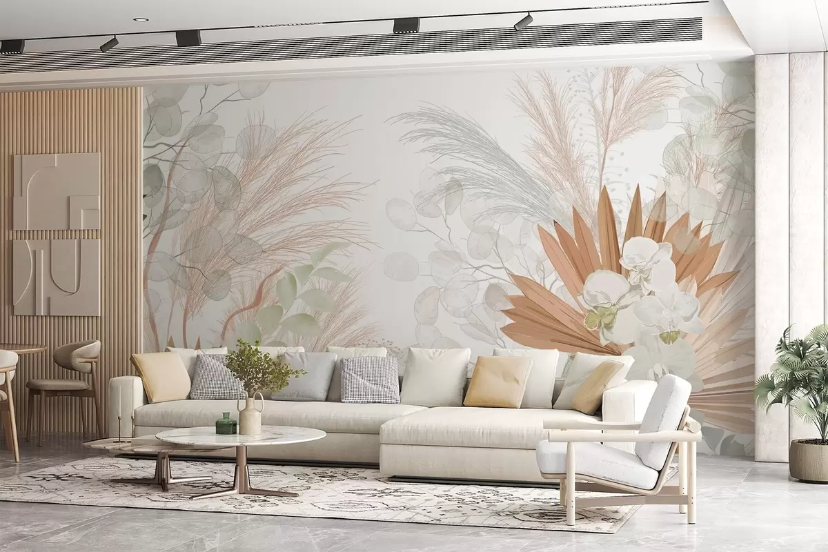 wall murals Pampas grass, eucalyptus, tropical leaves and orchids in a white background, pastel colors w09366