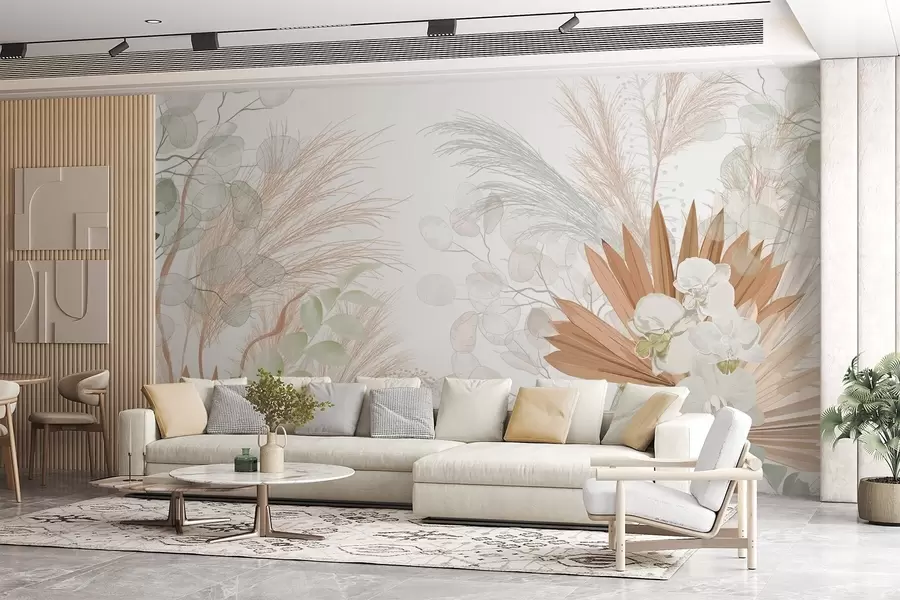 Wall Mural Photo Wallpaper Pampas grass, eucalyptus, tropical leaves and orchids in a white background, pastel colors w09366