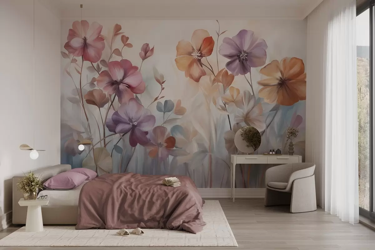 wall murals Textural floral arrangement with pink, purple and orange flowers with green stems and leaves, soft pastel colors w09486