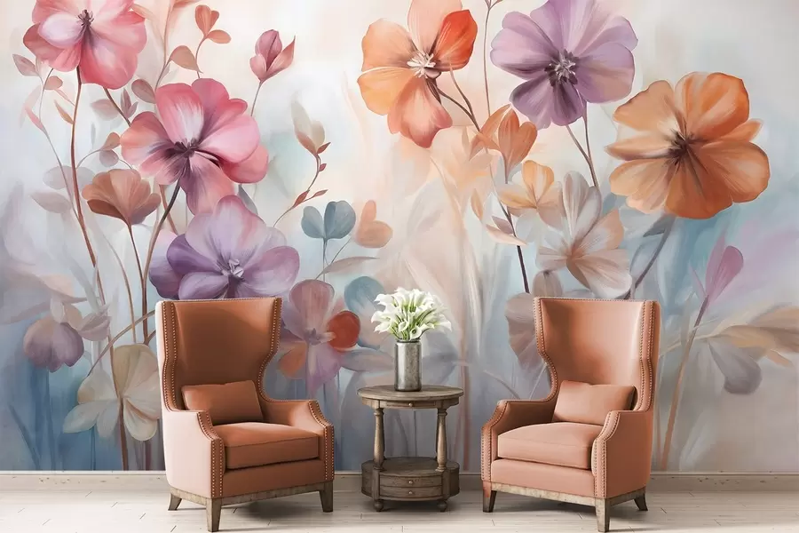 wall murals Textural floral arrangement with pink, purple and orange flowers with green stems and leaves, soft pastel colors w09486