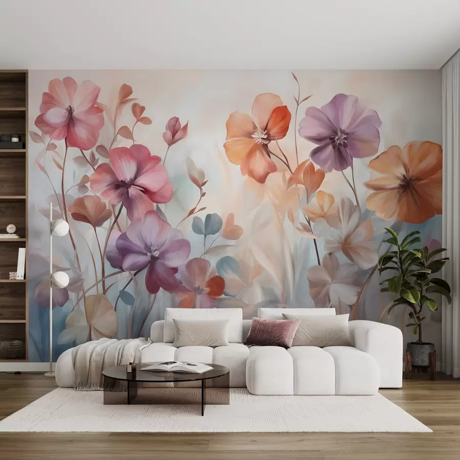 Wall Mural Photo Wallpaper Textural floral arrangement with pink, purple and orange flowers with green stems and leaves, soft pastel colors w09486