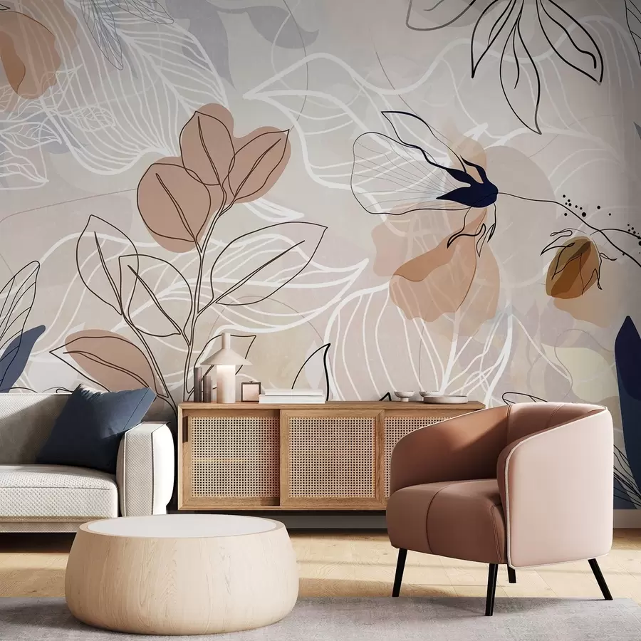 Wall Mural Photo Wallpaper Beige abstract background with leaves and flowers line art, modern, minimalist , organic shapes, botanical print  w09487