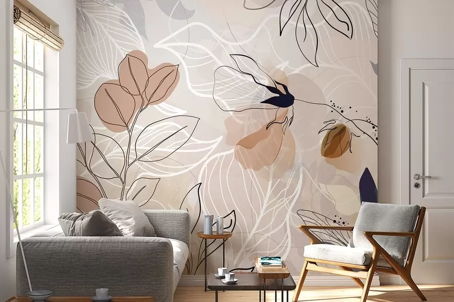 Wall Mural Photo Wallpaper Beige abstract background with leaves and flowers line art, modern, minimalist , organic shapes, botanical print  w09487