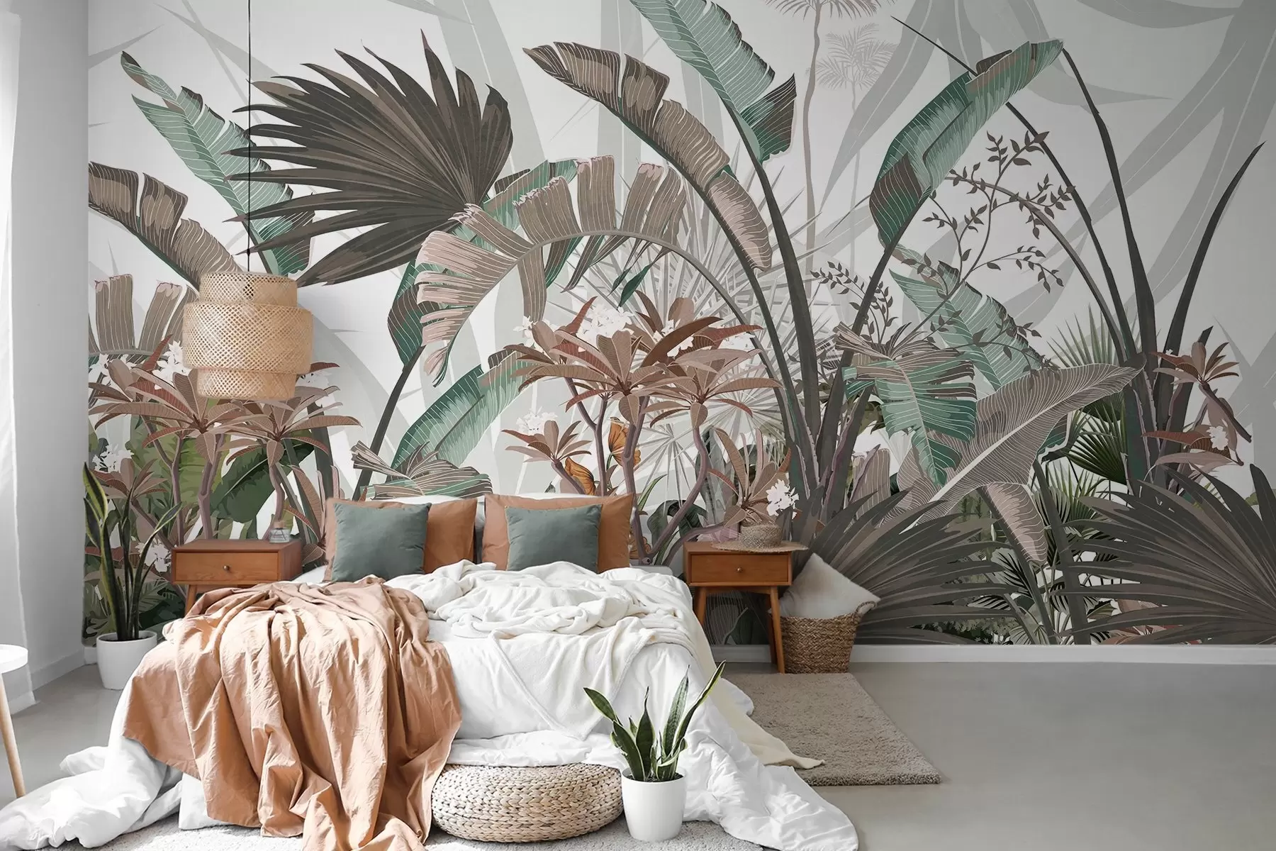 murales Hojas tropicales con textura y flores, palmeras, flores de plumeria, colores pastel, fondo blanco, selva w09488