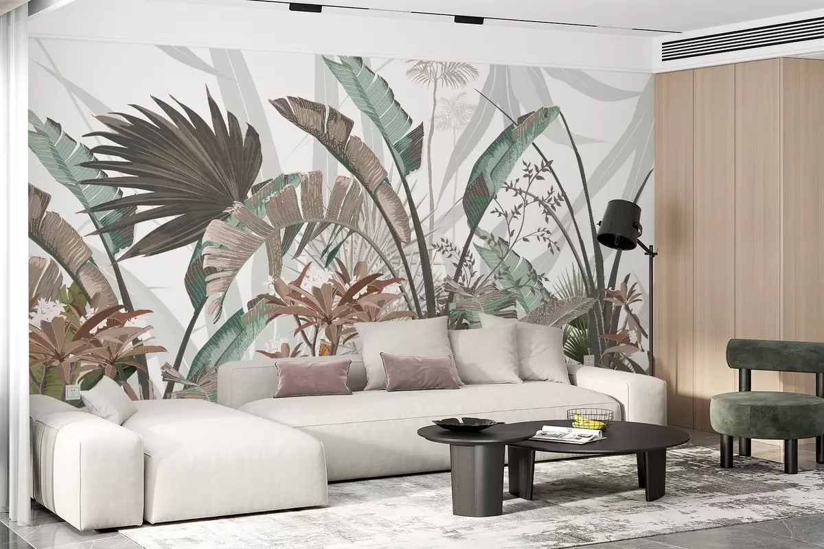 wall murals Tropical textured leaves with flowers, palm trees , plumeria flowers, pastel colors, white background, jungle w09488