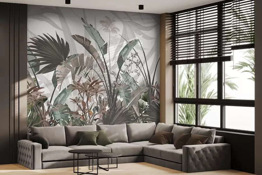 Wall Mural Photo Wallpaper Tropical textured leaves with flowers, palm trees , plumeria flowers, pastel colors, white background, jungle w09488