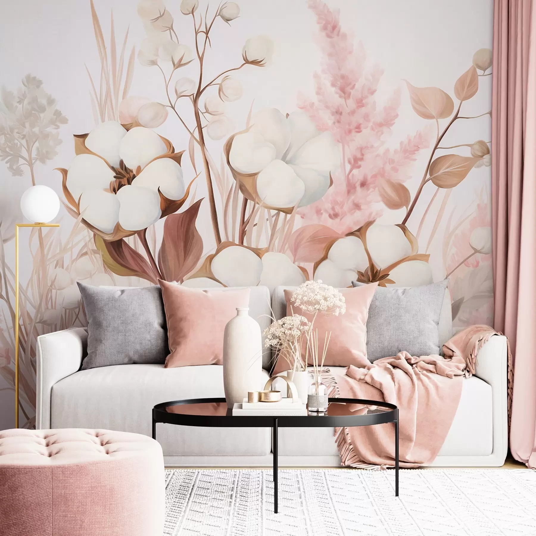 Wall Mural Photo Wallpaper Cotton textured flowers with white and pink pampas grass, beige and brown leaves and herbs, white background w09489