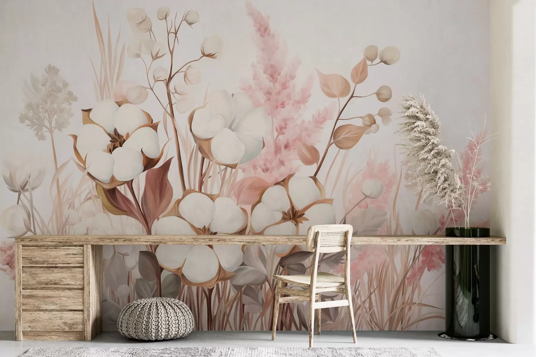 peintures murales Fleurs texturées en coton avec herbe de la pampa blanche et rose, feuilles et herbes beiges et brunes, fond blanc w09489