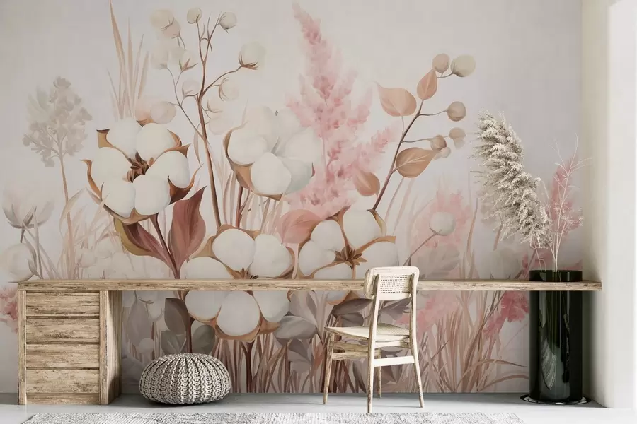 peintures murales Fleurs texturées en coton avec herbe de la pampa blanche et rose, feuilles et herbes beiges et brunes, fond blanc w09489