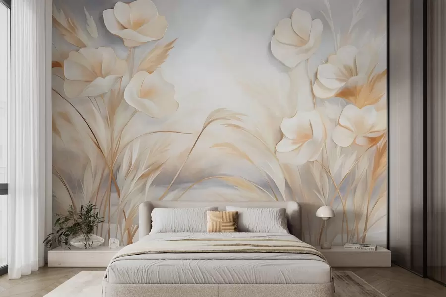 Wall Mural Photo Wallpaper White flowers, beige reeds and pampas grass, textured, elegant, minimalist style, landscape abstract background w09490