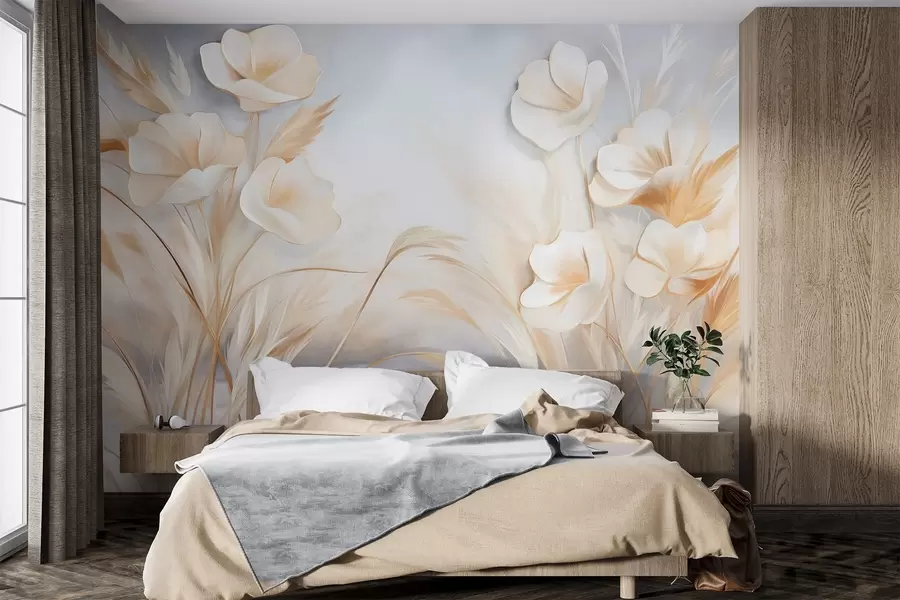 Wall Mural Photo Wallpaper White flowers, beige reeds and pampas grass, textured, elegant, minimalist style, landscape abstract background w09490